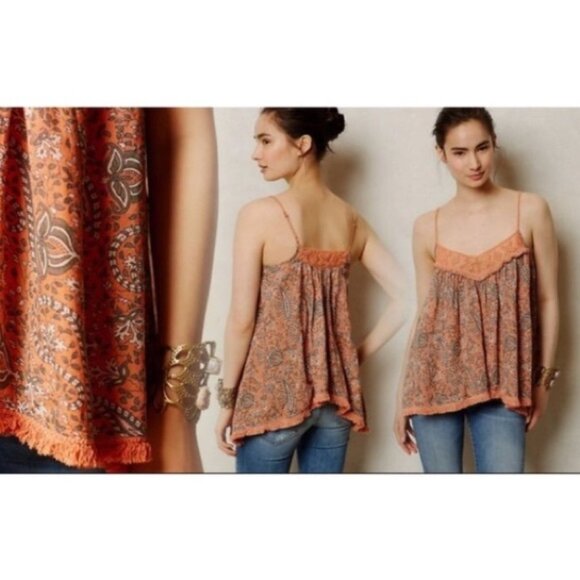 Anthropologie Tops - Anthropologie Lilka Women’s Spaghetti Strap Paisley Orange and Gray Top sz M EUC